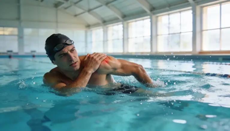 Un nadador con dolor de hombro por el agarre de su hombro derecho con expresión dolorosa en una piscina.