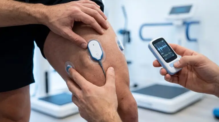 Sensores de electromiografía mDurance Biofeedback colocados en la pierna para evaluar desequilibrios musculares en Fisio Dynamic Madrid.