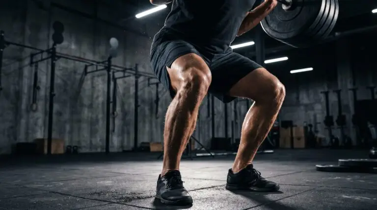 Deportista realizando sentadilla pesada en CrossFit, esfuerzo en la rodilla por tendinopatía rotuliana.